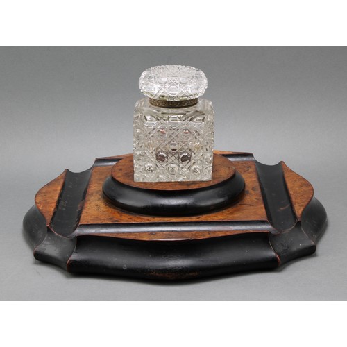 2118 - An unusually large Victorian burr walnut and ebonised serpentine inkstand, the square hobnail-cut in... 