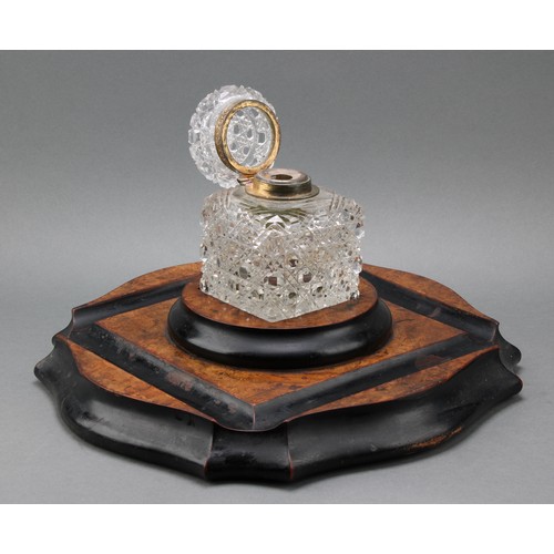 2118 - An unusually large Victorian burr walnut and ebonised serpentine inkstand, the square hobnail-cut in... 