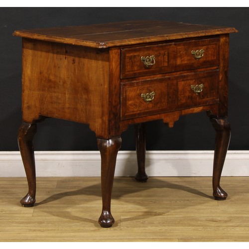 1537 - A George I walnut lowboy, moulded crossbanded quarter-veneered top above two long drawers, shaped ap... 