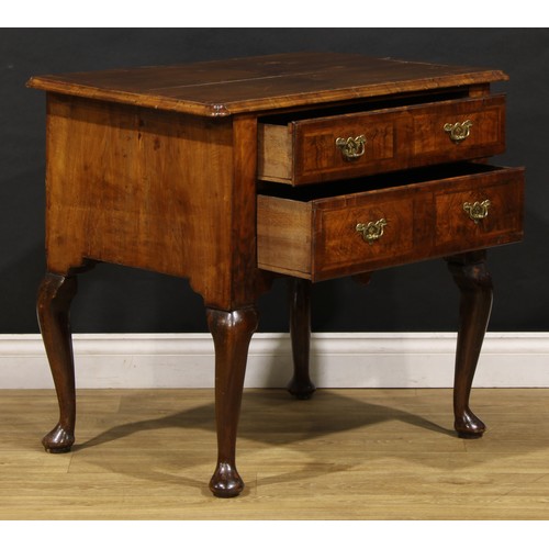 1537 - A George I walnut lowboy, moulded crossbanded quarter-veneered top above two long drawers, shaped ap... 