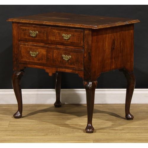 1537 - A George I walnut lowboy, moulded crossbanded quarter-veneered top above two long drawers, shaped ap... 