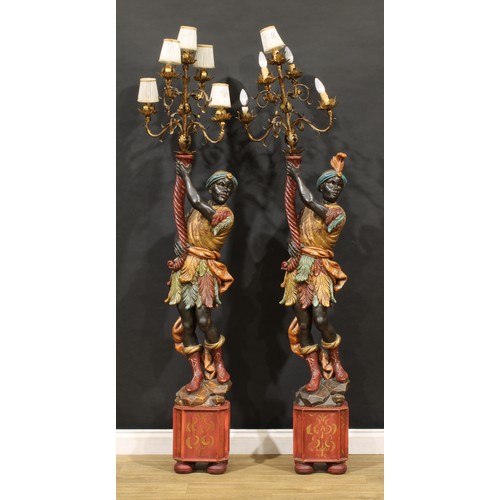 1562 - Interior Decoration - a pair of Venetian design polychrome decorated Blackamoor floor lamps, 189cm h... 