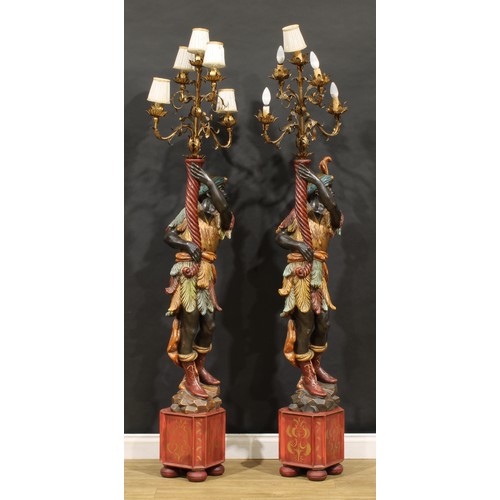 1562 - Interior Decoration - a pair of Venetian design polychrome decorated Blackamoor floor lamps, 189cm h... 