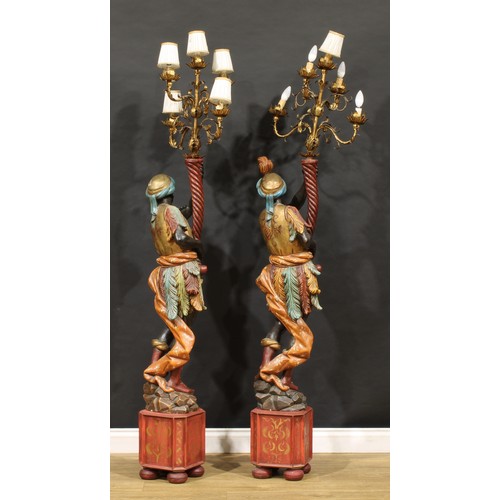 1562 - Interior Decoration - a pair of Venetian design polychrome decorated Blackamoor floor lamps, 189cm h... 