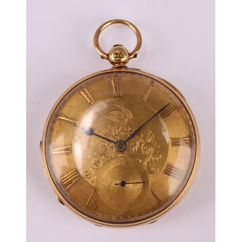 501 - A 19th century 18ct gold open face pocket watch, engine turned gilded dial, Roman numerals, subsidia... 