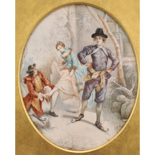 1348 - A Continental porcelain plaque, painted in polychrome with courting figures skating, indistinctly si... 