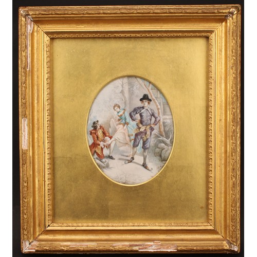 1348 - A Continental porcelain plaque, painted in polychrome with courting figures skating, indistinctly si... 