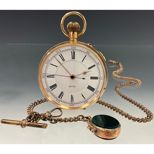 516 - An Edwardian 12ct gold cased chronograph  pocket watch, white enamel dial, bold Roman numerals, 0-30... 