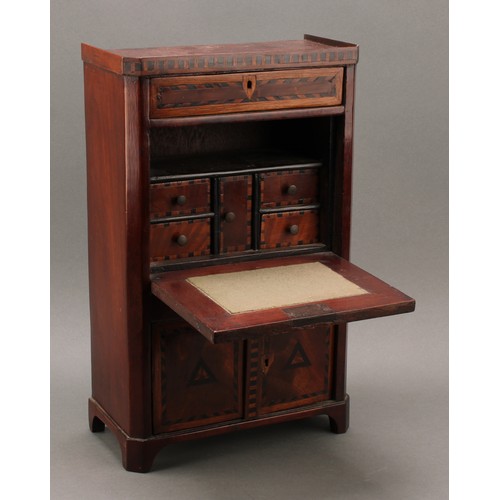 2122 - Miniature Furniture - a 19th century mahogany and parquetry secrétaire à abattant, three-quarter gal... 