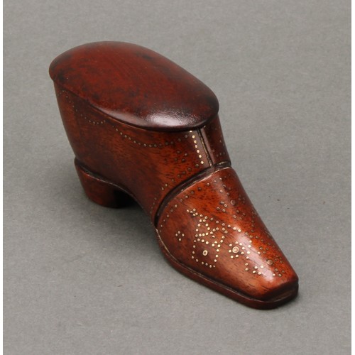 2079 - A 19th century mahogany novelty snuff box, as a shoe, decorated with brass pinwork, 10cm long