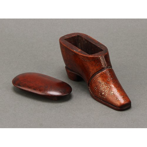 2079 - A 19th century mahogany novelty snuff box, as a shoe, decorated with brass pinwork, 10cm long