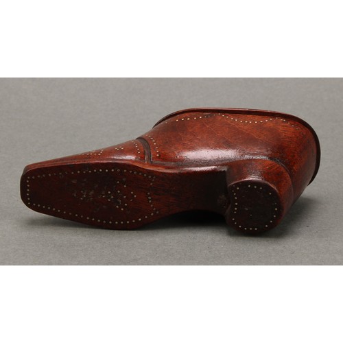 2079 - A 19th century mahogany novelty snuff box, as a shoe, decorated with brass pinwork, 10cm long