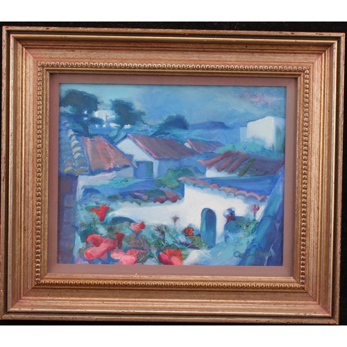 880 - Anne Carmichael (American School, 20th century) 
Polensa Courtyard, Majorca 
signed, oil, 21cm x 26c... 