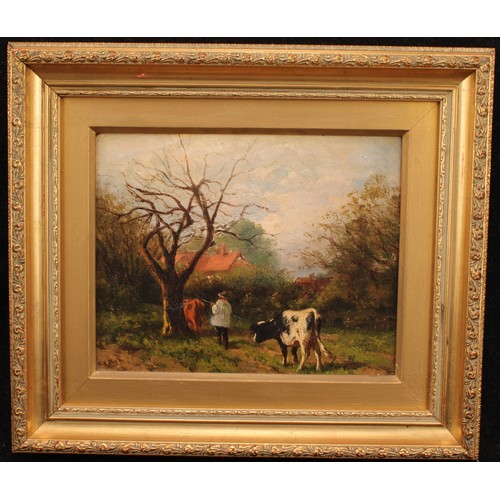 1032 - William Frederick Hulk (1852-1906) 
The Cow Herder 
signed, oil on canvas, 19cm x 24.5cm