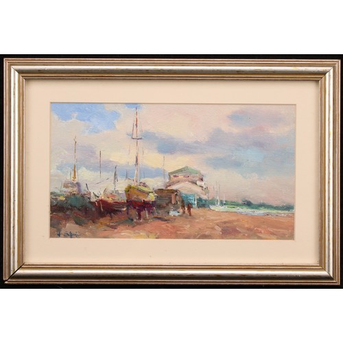 953 - John Shave (Contemporary, East Anglia School) 
Norfolk Harbour 
signed, oil on canvas, 12.5cm x 23cm