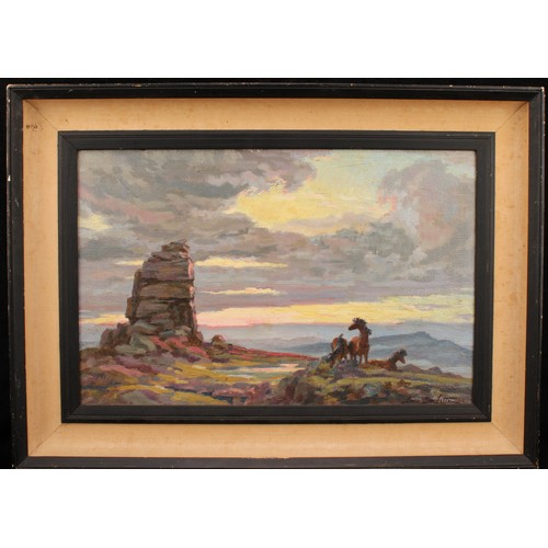 765 - Lewis Duckett (1892-1977) 
Ponies on Dartmoor 
signed, oil on board, 32.5cm x 51.5cm