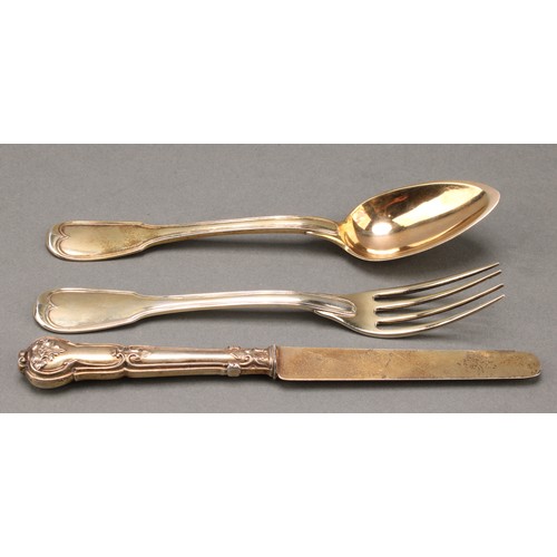 19 - A 19th century French silver-gilt Christening set, comprising Fiddle and Thread pattern spoon and fo... 