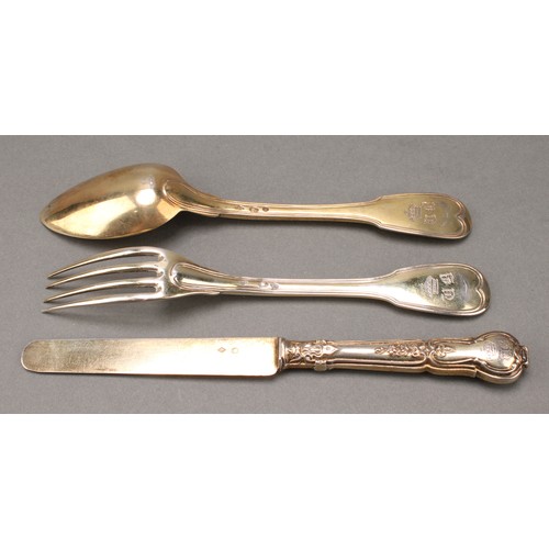 19 - A 19th century French silver-gilt Christening set, comprising Fiddle and Thread pattern spoon and fo... 