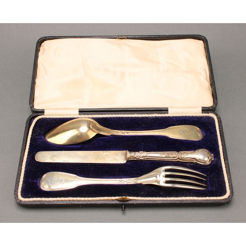 19 - A 19th century French silver-gilt Christening set, comprising Fiddle and Thread pattern spoon and fo... 