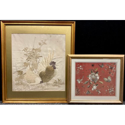 1412 - A Japanese, Meiji Period, silk embroidered panel, depicting a cockerel and hen, beside flowering chr... 