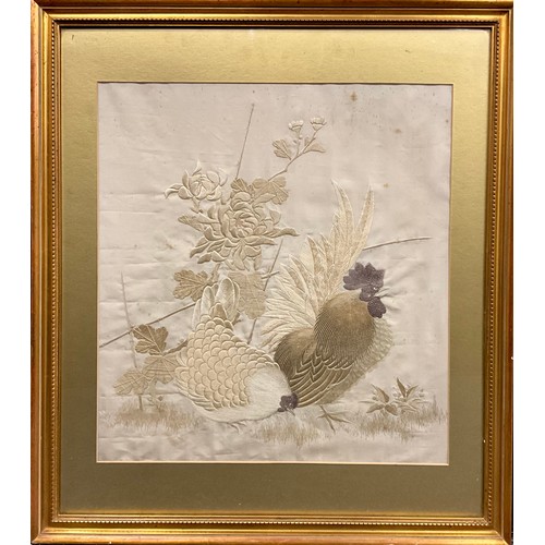 1412 - A Japanese, Meiji Period, silk embroidered panel, depicting a cockerel and hen, beside flowering chr... 