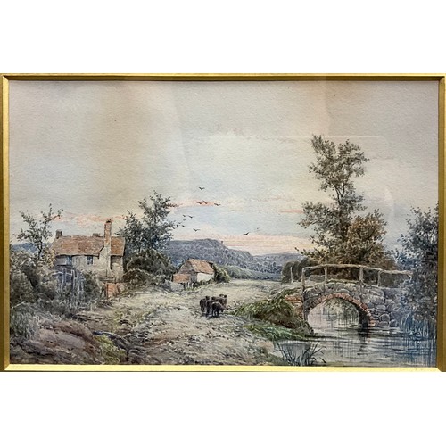 913 - David Cox, OWS,  (British 1783-1859)
Riverside Farm at Dusk
signed, watercolour, 18.5cm x 27cm