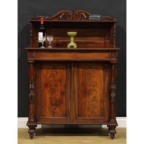 1902 - A George IV mahogany chiffonier, possibly Scottish, shaped cresting carved with acanthus scrolls, ab... 