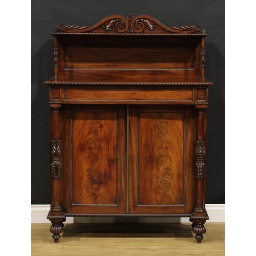 1902 - A George IV mahogany chiffonier, possibly Scottish, shaped cresting carved with acanthus scrolls, ab... 