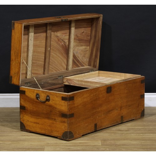 1533 - A 19th century brass bound camphor wood rectangular campaign chest, hinged cover with flush military... 