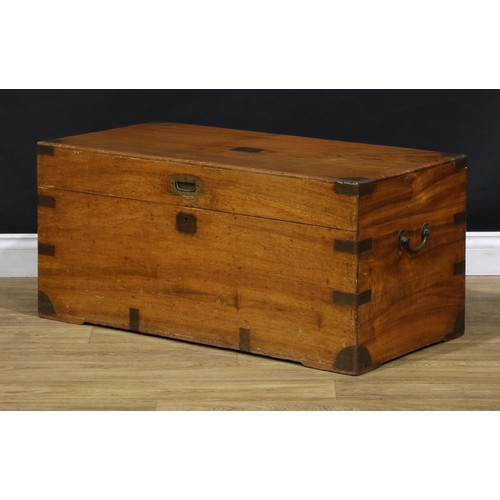 1533 - A 19th century brass bound camphor wood rectangular campaign chest, hinged cover with flush military... 