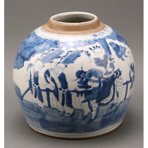 1413 - A large Chinese ovoid ginger jar, painted in tones of underglaze blue with a procession of figures, ... 