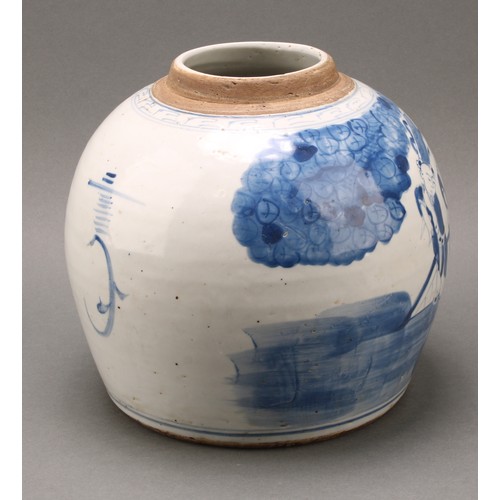 1413 - A large Chinese ovoid ginger jar, painted in tones of underglaze blue with a procession of figures, ... 