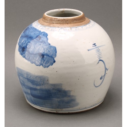 1413 - A large Chinese ovoid ginger jar, painted in tones of underglaze blue with a procession of figures, ... 