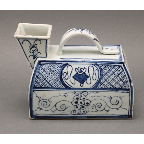 1408 - A Chinese water carrier, square spout, strap handle, painted in tones of underglaze blue with scroll... 