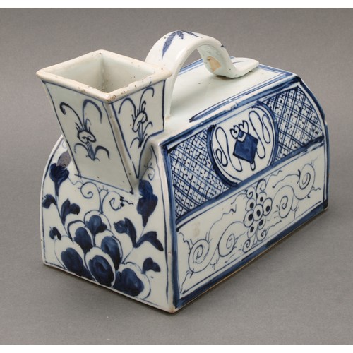 1408 - A Chinese water carrier, square spout, strap handle, painted in tones of underglaze blue with scroll... 