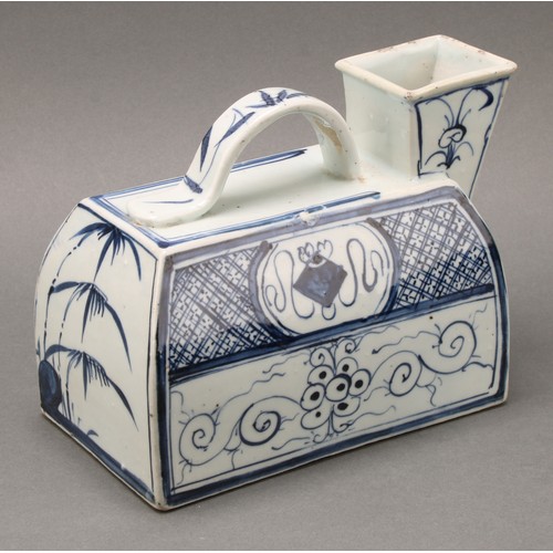 1408 - A Chinese water carrier, square spout, strap handle, painted in tones of underglaze blue with scroll... 