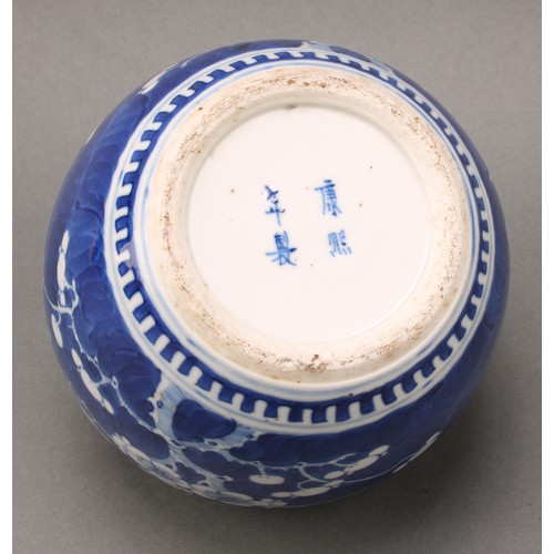 1405 - A Chinese ovoid ginger jar, painted in tones of underglaze blue with prunus on a ground of cracked i... 