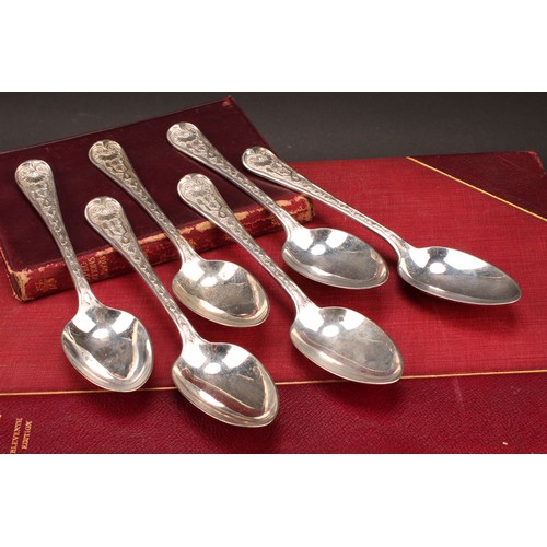 404 - A set of six Victorian silver table spoons, each with owl crest, William Theobalds & Robert Metcalfe... 