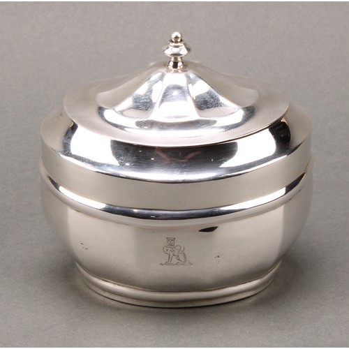 274 - A Victorian silver oval tea caddy, hinged cover with knop finial, gilt interior, crested, 10cm wide,... 