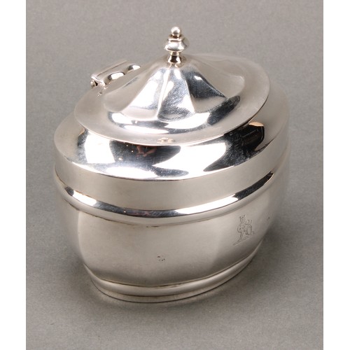 274 - A Victorian silver oval tea caddy, hinged cover with knop finial, gilt interior, crested, 10cm wide,... 