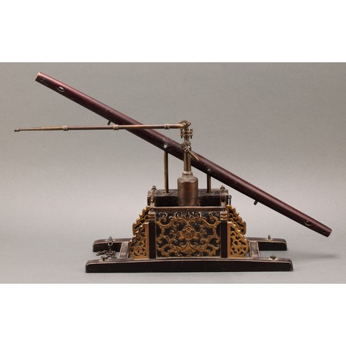 1819 - A Chinese model beam engine water pump, brass pipe work, the parcel-gilt base carved with chrysanthe... 