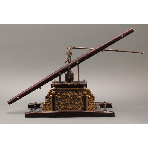 1819 - A Chinese model beam engine water pump, brass pipe work, the parcel-gilt base carved with chrysanthe... 