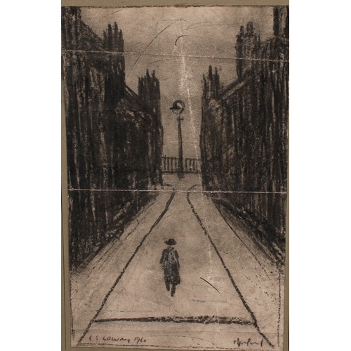 780 - After L.S. Lowry (1887-1976) 
Figure in Street 
signed, dated 1960, charcoal, 24cm x 15cm; two other... 