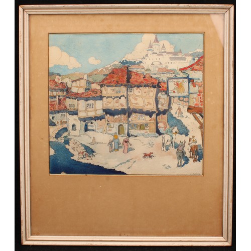 1004 - W. V. Pickering (fl. 1928-1933) 
Medieval Village Scene 
signed, watercolour, 30cm x 32cm