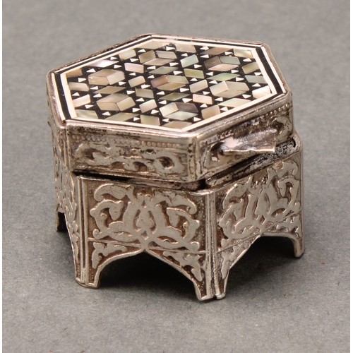 245 - An Egyptian silver and mother of pearl marquetry box, as a hexagonal Moorish table, gilt interior, 3... 