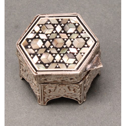 245 - An Egyptian silver and mother of pearl marquetry box, as a hexagonal Moorish table, gilt interior, 3... 