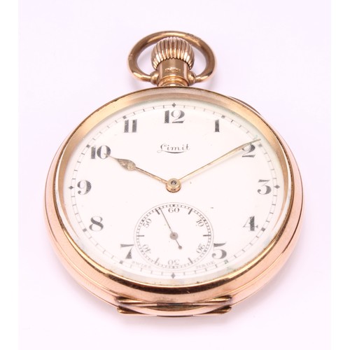 502 - A 9ct gold Limit open face pocket watch, white enamel dial, Arabic numerals, subsidiary seconds, Swi... 