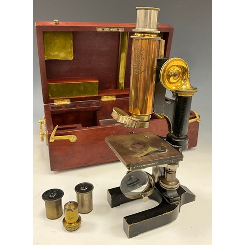 2076 - A late 19th century monocular microscope by C. Reichert Wein No 12014, brass and black lacquered bod... 