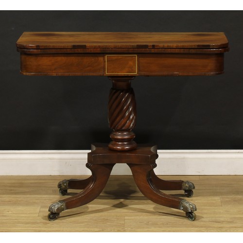 1920 - A Regency rosewood tea table, hinged top above a deep frieze outlined with brass stringing, spirally... 