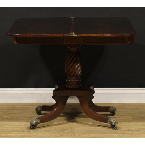 1920 - A Regency rosewood tea table, hinged top above a deep frieze outlined with brass stringing, spirally... 